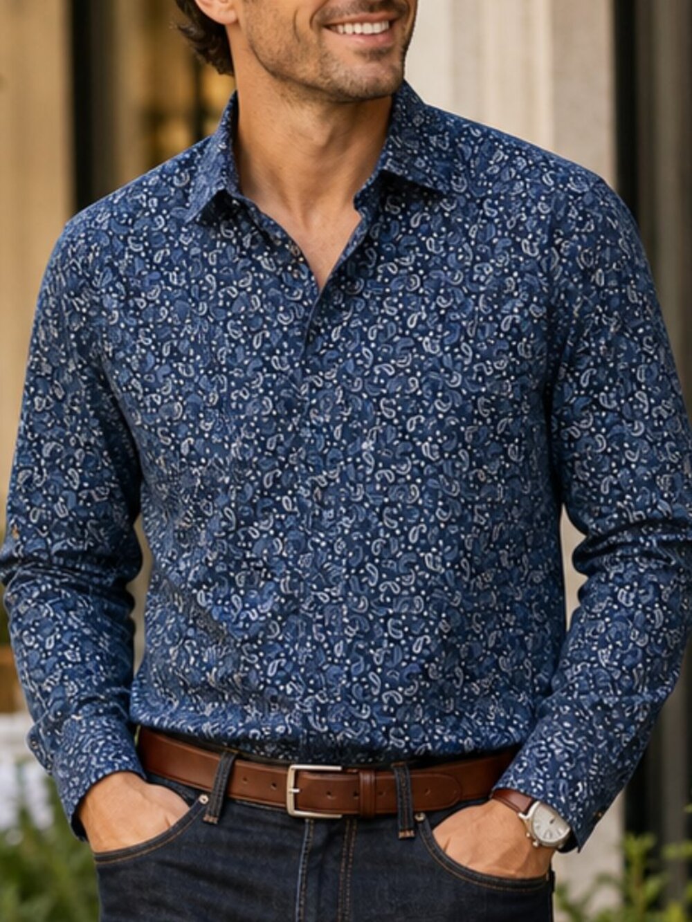 Johnston & Murphy Mens Navy Paisley Button Down Shirt Size S